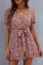 Fashion Elegant Floral With Belt V Neck Rompers
