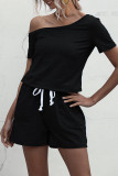 Fashion Casual Solid Draw String Oblique Collar Loose Rompers