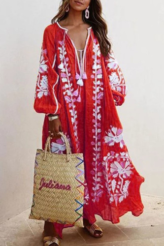 Casual Print Patchwork V Neck Printed Dresses(6 Colors)