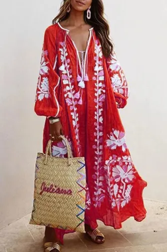 Casual Print Patchwork V Neck Printed Dresses(6 Colors)