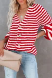 Casual Striped Patchwork Buckle V Neck Tops