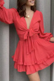 Fashion Street Solid Split Joint V Neck Cake Skirt Dresses