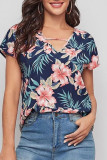 Fashion Casual Print Split Joint V Neck Tops