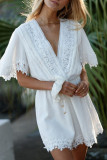 Fashion Street Solid Frenulum V Neck Loose Rompers