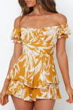 Fashion Street Print Patchwork Off the Shoulder Loose Rompers