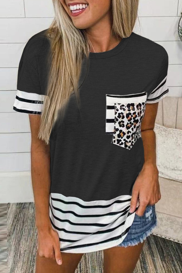 Casual Striped Leopard Patchwork Pocket T-Shirts