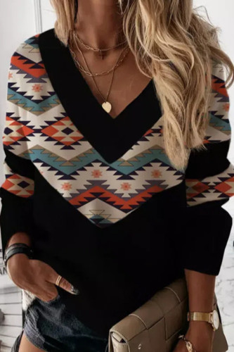Fashion Casual Print Patchwork V Neck Tops