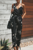 Casual Street Print Solid Draw String Backless V Neck Regular Jumpsuits