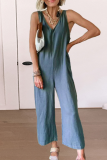 Casual Solid Split Joint V Neck Straight Jumpsuits