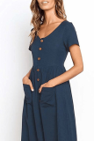 Elegant Solid Pocket Buckle V Neck A Line Dresses