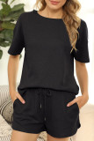 Fashion Living Solid Patchwork O Neck Short Sleeve Two Pieces