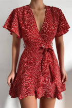 Fashion Elegant Print With Belt V Neck A Line Dresses