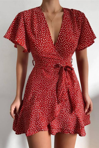 Fashion Elegant Print With Belt V Neck A Line Dresses
