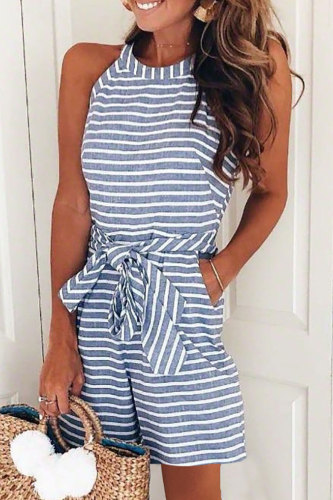 Casual Patchwork Bandage With Belt O Neck Loose Rompers
