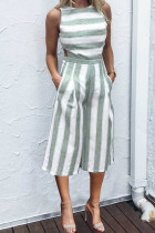 Fashion Casual Striped Split Joint O Neck Straight Jumpsuits