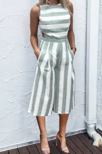 Fashion Casual Striped Split Joint O Neck Straight Jumpsuits