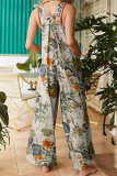 Casual Print Pocket Buttons Square Collar Straight Jumpsuits