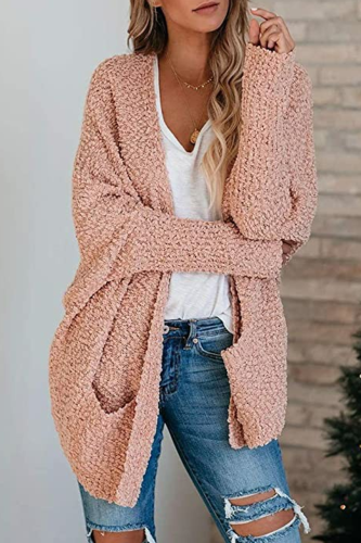 Casual Solid Pocket V Neck Tops Sweater