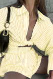 Fashion Casual Striped Split Joint Turndown Collar Long Sleeve Two Pieces