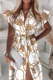 Elegant Print Buckle Flounce Turndown Collar A Line Dresses