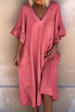 Casual Solid Patchwork Flounce V Neck Dresses
