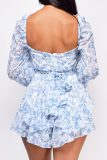Street Floral Frenulum Backless Square Collar Rompers