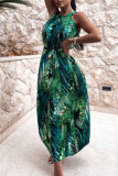 Fashion Bohemian Print Split Joint Halter Waist Skirt Dresses
