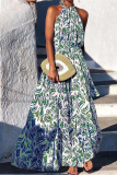Fashion Elegant Print Split Joint Flounce O Neck A Line Dresses