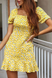 Fashion Elegant Floral Split Joint Flounce Square Collar A Line Dresses
