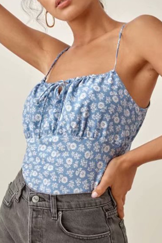 Casual Sweet Floral Frenulum Spaghetti Strap Tops