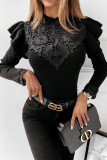Work Patchwork Lace Embroidered Patchwork O Neck Tops