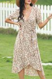 Elegant Print Frenulum V Neck Irregular Dress Dresses