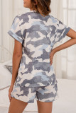 Fashion Casual Camouflage Print Split Joint V Neck Short Sleeve Two Pieces