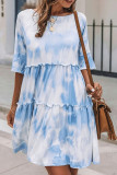 Fashion Street Tie Dye Split Joint O Neck Cake Skirt Dresses