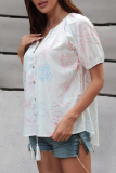 Casual Floral Frenulum Buckle V Neck T-Shirts