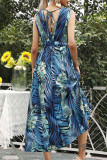 Fashion Street Print Split Joint V Neck Waist Skirt Dresses