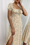 Fashion Sweet Floral Frenulum Slit Square Collar A Line Dresses