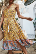 Elegant Floral Frenulum Buckle V Neck A Line Dresses
