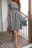Fashion Elegant Plaid Split Joint Slit Square Collar A Line Dresses
