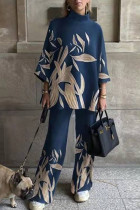 Casual Print Patchwork Turtleneck Long Sleeve Two Pieces
