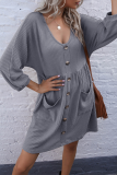 Casual Solid Pocket Buckle V Neck A Line Dresses