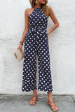 Casual Sweet Polka Dot Bandage Pocket Halter Loose Jumpsuits