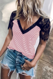 Casual Striped Patchwork V Neck T-Shirts