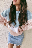 Casual Color Lump Patchwork Contrast O Neck Tops
