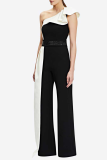 Casual Patchwork Flounce One Shoulder Straight Jumpsuits