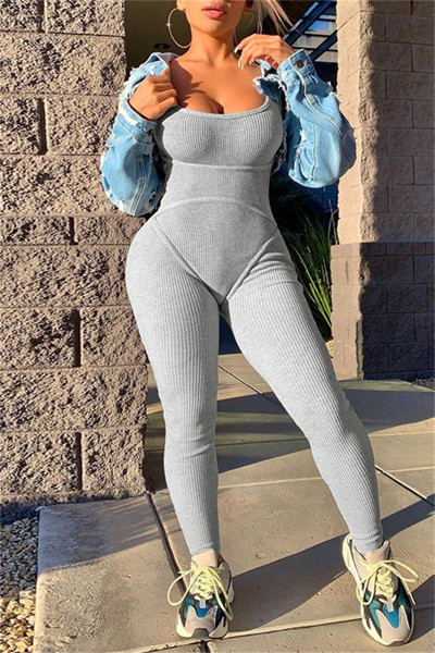 Sexy Casual Sportswear Solid Backless O Neck Skinny Jumpsuits