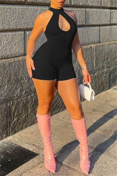 Sexy Casual Solid Hollowed Out Half A Turtleneck Skinny Rompers