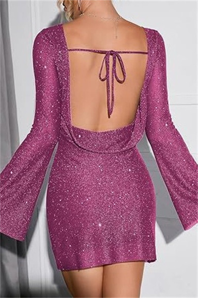Casual Solid Sequins Backless O Neck Long Sleeve Dresses