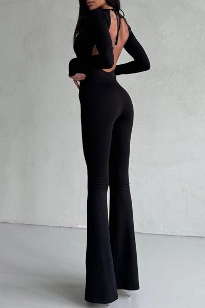 Casual Solid Frenulum Backless O Neck Skinny Jumpsuits