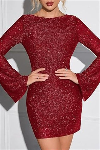 Casual Solid Sequins Backless O Neck Long Sleeve Dresses